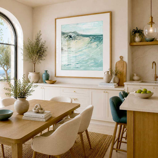 'Beyond The Shore' - Beach Wall Art - dorset Abstract seascape art print - Abstract seascape art in muted teal, cream and grey, fine art paper print for the home.