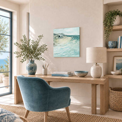 'Beyond The Shore' - Abstract seascape beach art canvas oil painting in pale blue and deeper teal — original art inspired by Hengistbury Head and Mudeford Spit on the beautiful Dorset coast, by Kate Shephard Art.