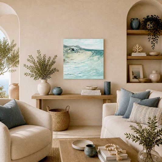 'Beyond The Shore' - Original art canvas oil painting in soft pale blue and creamy sandy tones with deeper teal — abstract seascape beach art capturing the wild beauty of the Dorset coast, by Kate Shephard Art.