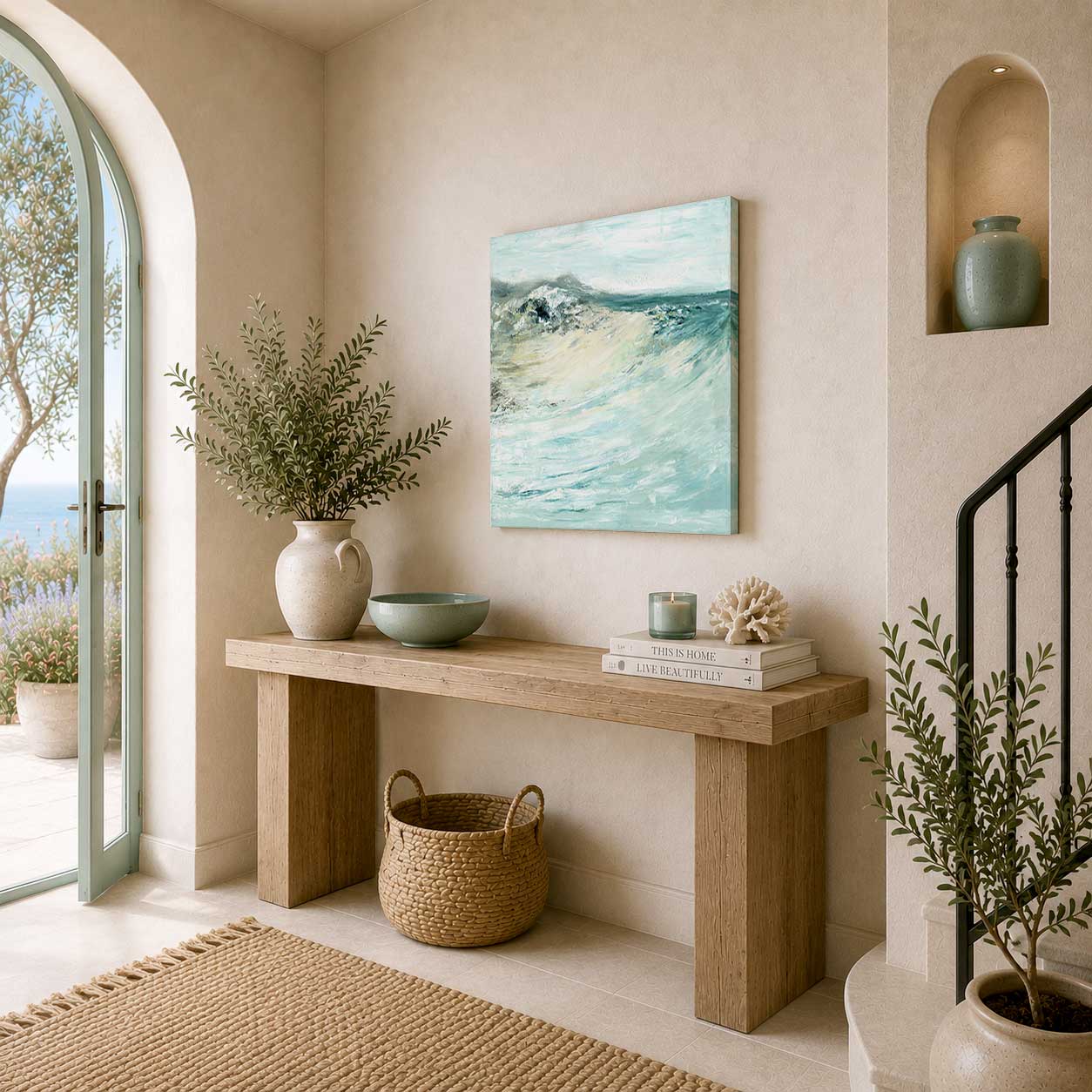 'Beyond The Shore' - A stunning abstract seascape beach art in pale blue and teal — one-of-a-kind original canvas oil painting for anyone who carries the Dorset coast in their heart, by Kate Shephard Art.
