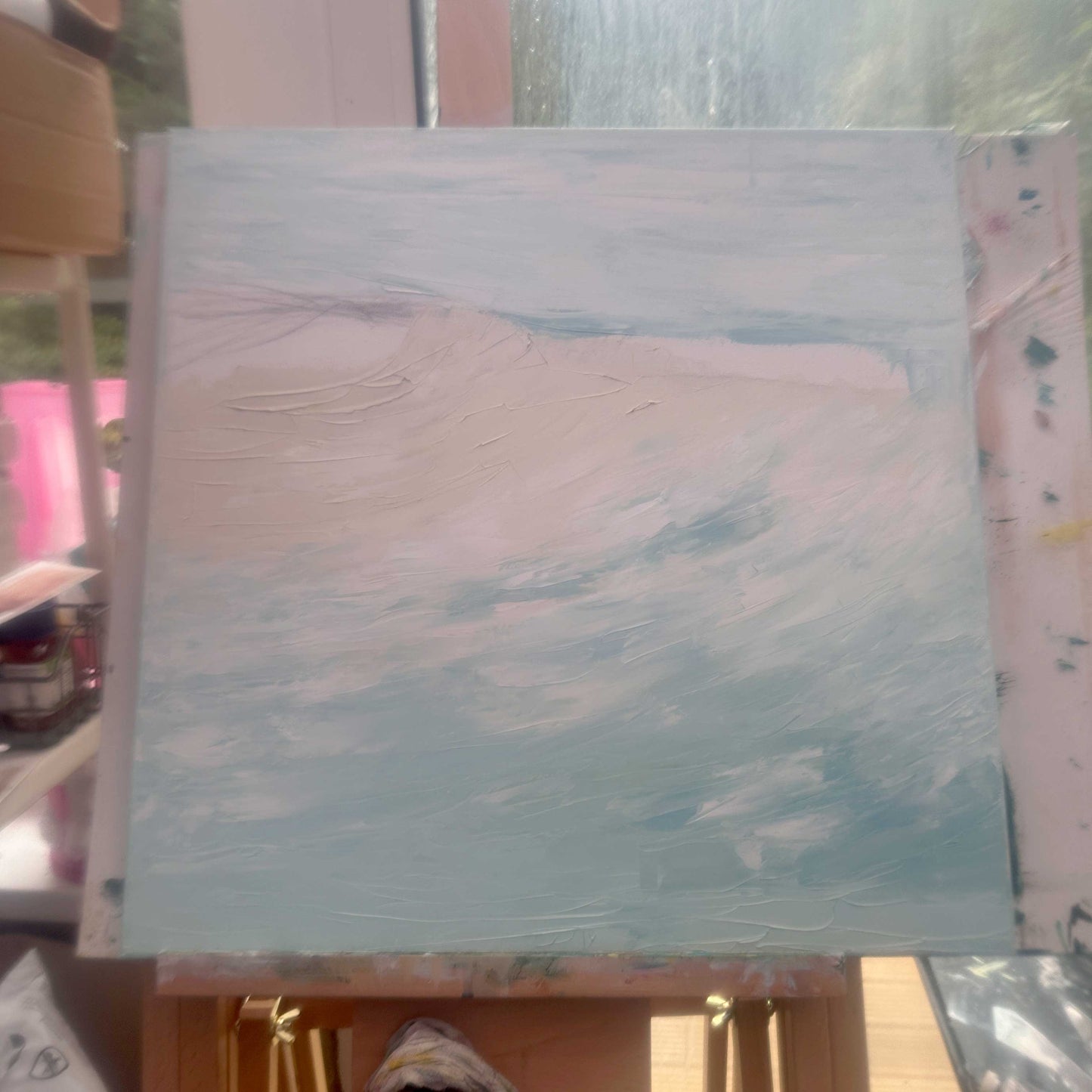 'Beyond The Shore' - A one-of-a-kind original art canvas oil painting in pale blue and teal — abstract seascape beach art inspired by the wild, exhilarating Dorset coastline, by Kate Shephard Art.
