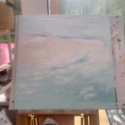 'Beyond The Shore' - A one-of-a-kind original art canvas oil painting in pale blue and teal — abstract seascape beach art inspired by the wild, exhilarating Dorset coastline, by Kate Shephard Art.