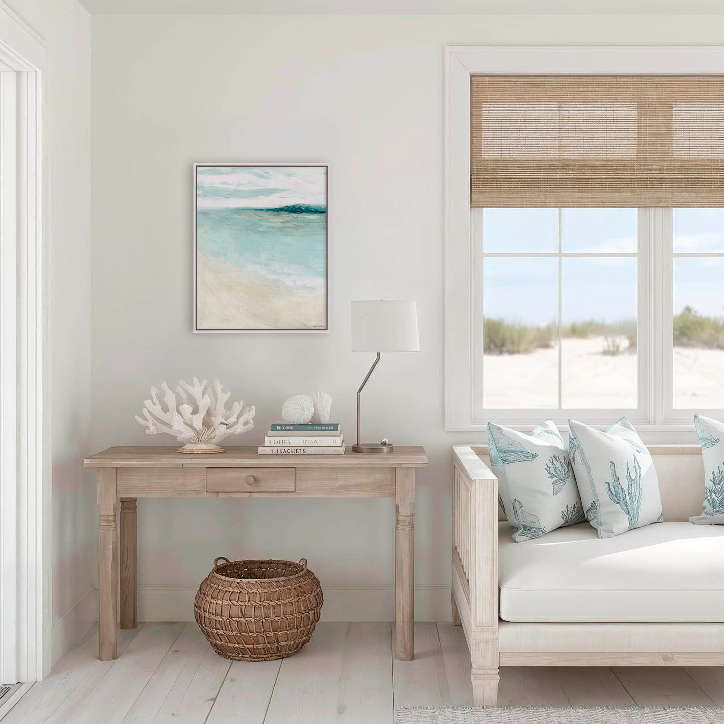 'Bramble Bush Bay Shores' - original abstract seascape with soft blended layers, investment piece framed in white wood.