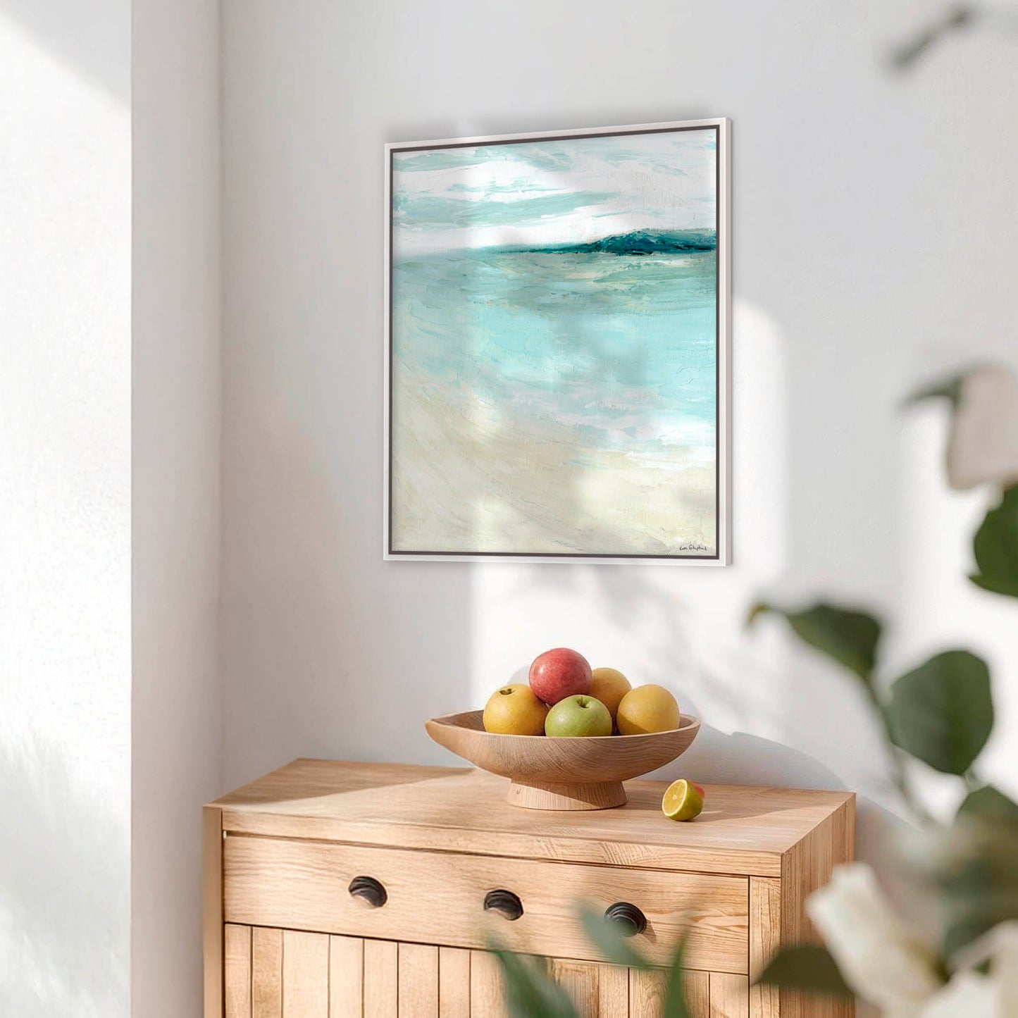 'Bramble Bush Bay Shores' - one of a kind coastal artwork capturing peaceful summer mornings by the sea, ready to hang.