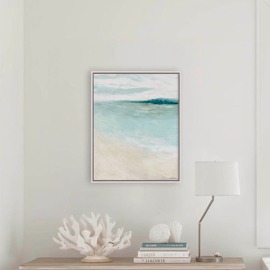 'Bramble Bush Bay Shores' - original oil painting of Dorset coast with soft blues and creams, framed in white wood.