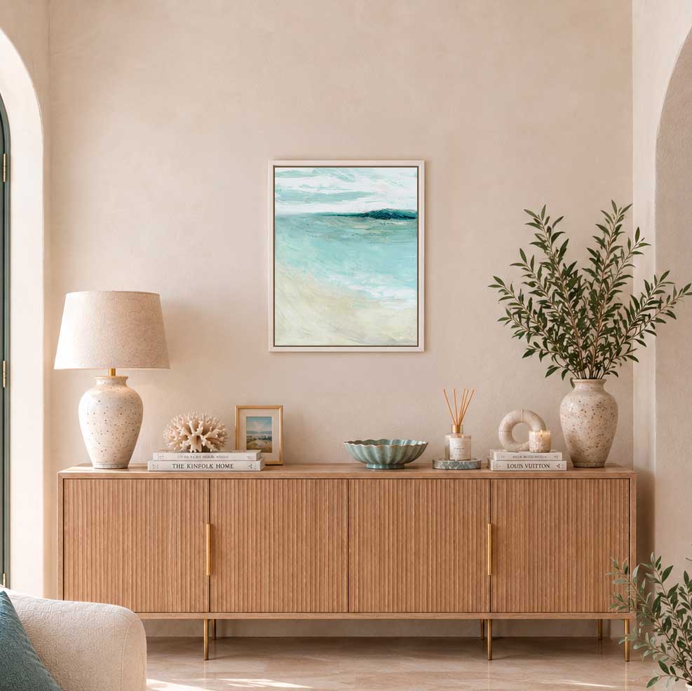 'Bramble Bush Bay Shores' - original oil painting of Dorset coast with soft blues and creams, framed in white wood.