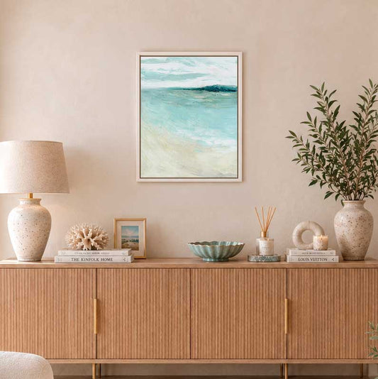 'Bramble Bush Bay Shores' - original oil painting of Dorset coast with soft blues and creams, framed in white wood.