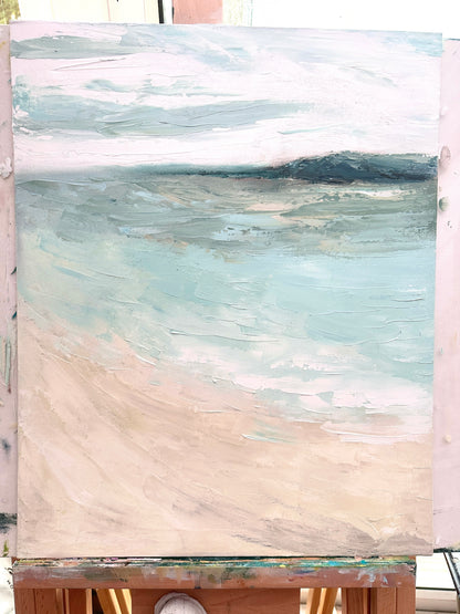 'Bramble Bush Bay Shores' - one of a kind seascape with soft blues and sandy creams, ready to hang coastal art.