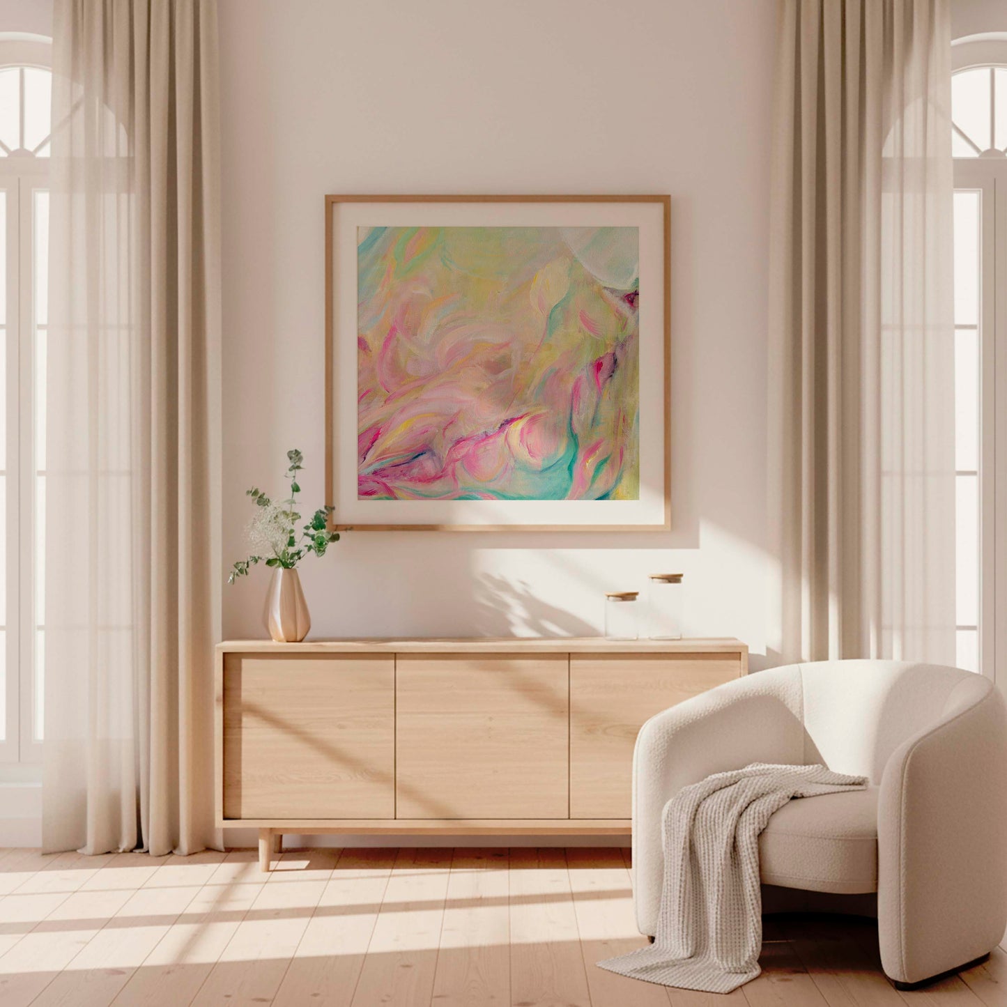 ‘Closer Than You Think’ – uplifting pastel artwork with flowing brushstrokes.