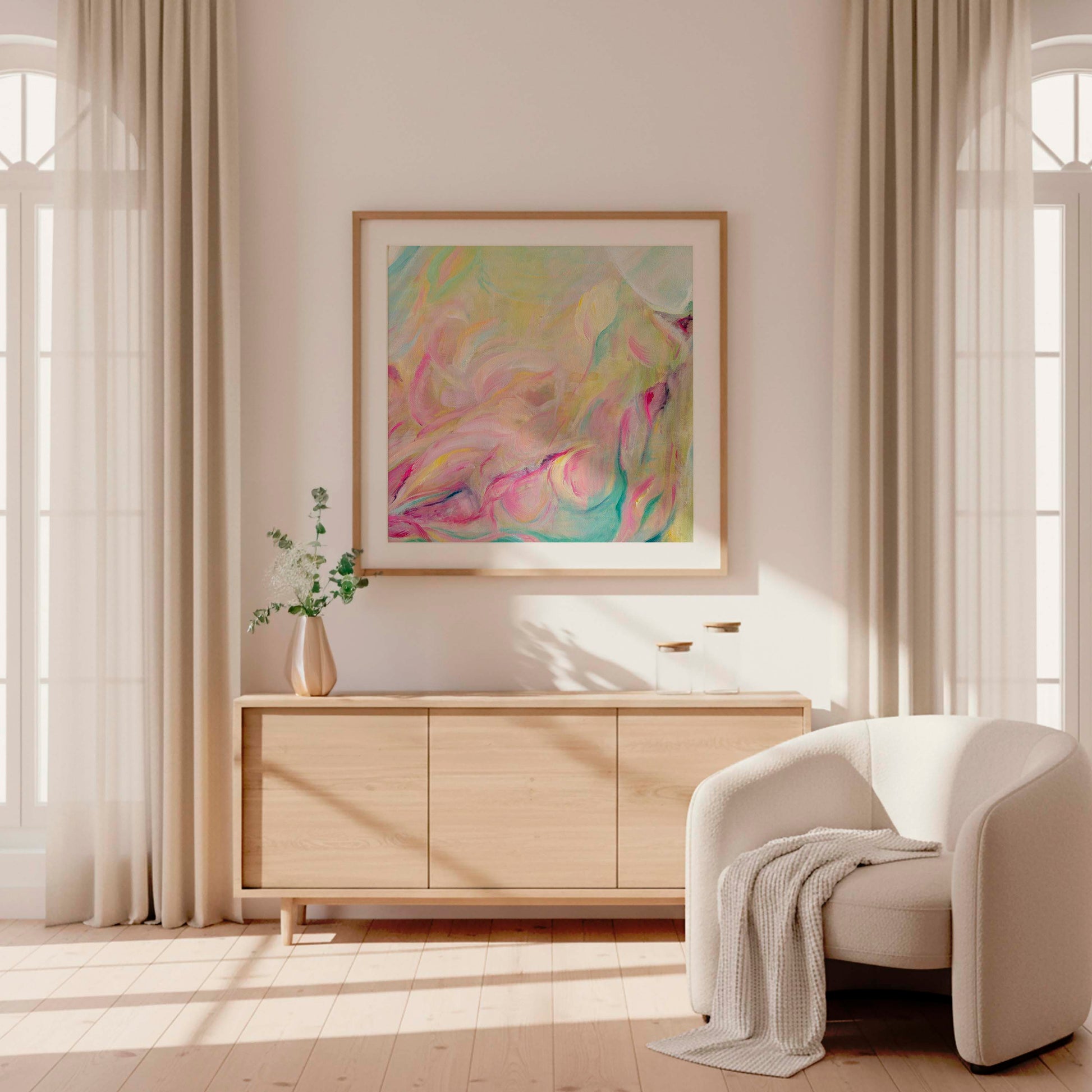 ‘Closer Than You Think’ – uplifting pastel artwork with flowing brushstrokes.