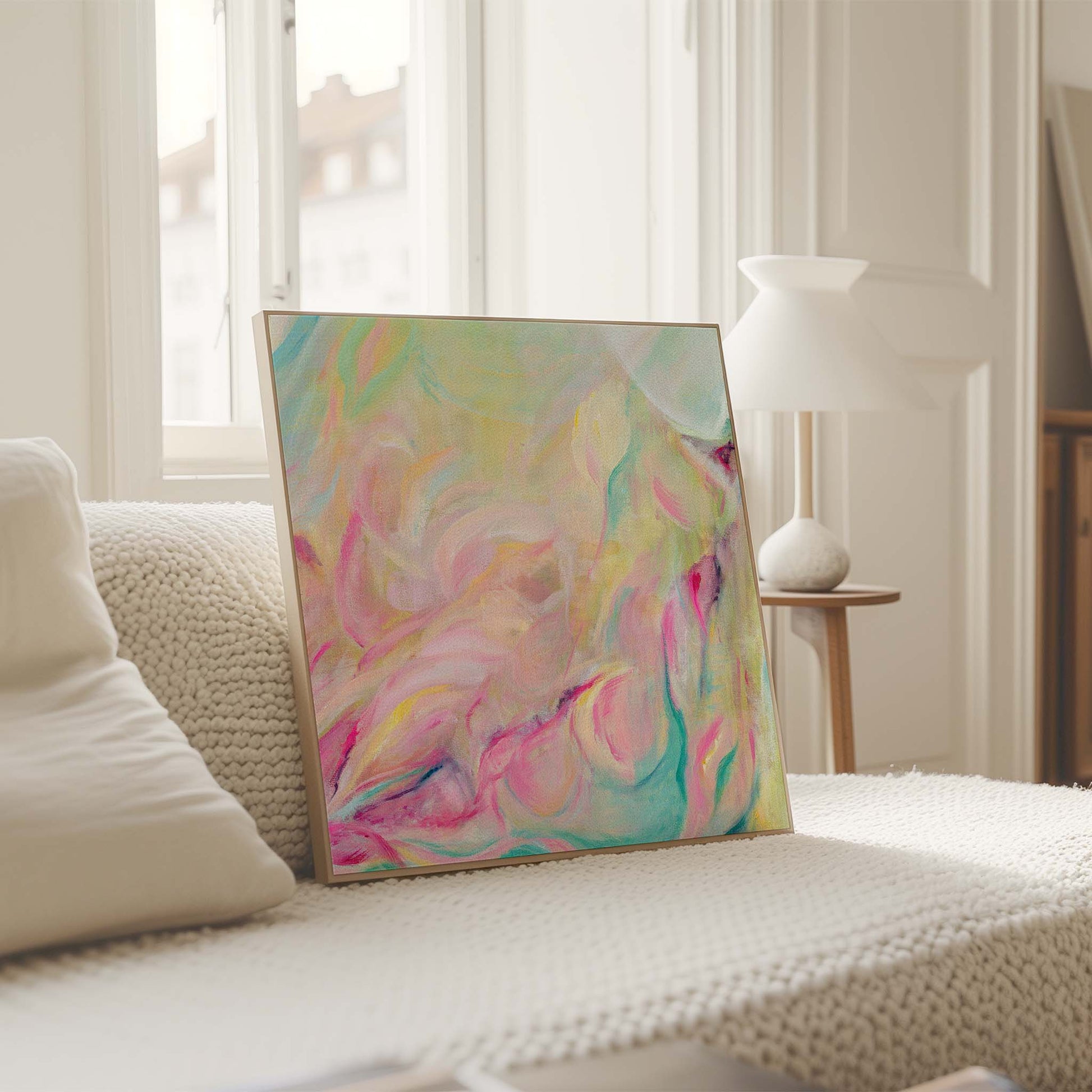 ‘Closer Than You Think’ – soft colourful abstract with bright uplifting brushstrokes on canvas.