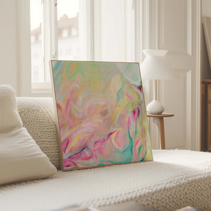 ‘Closer Than You Think’ – soft colourful abstract with bright uplifting brushstrokes on canvas.