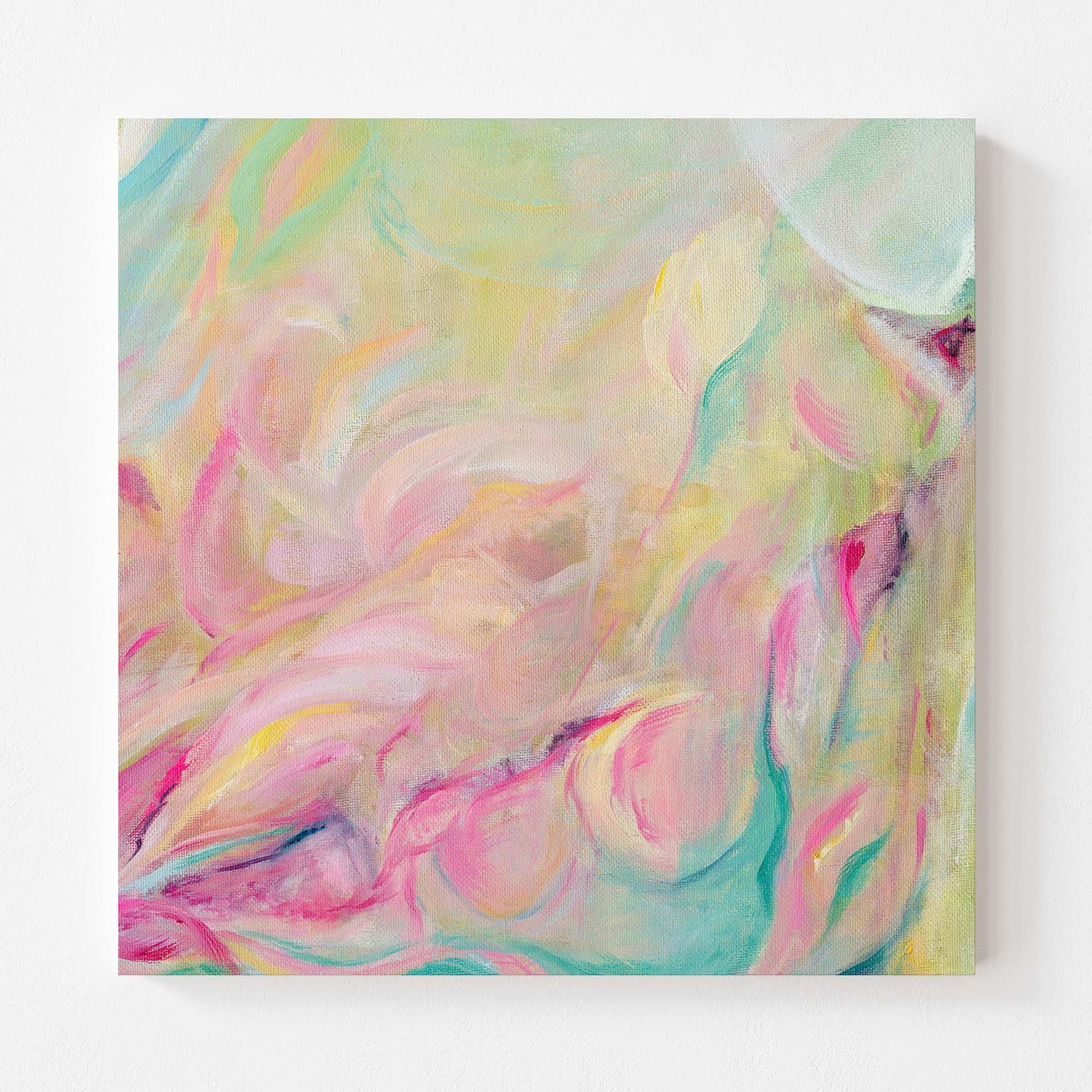 ‘Closer Than You Think’ – joyful pastel artwork with sweeping strokes in pink, green and yellow.