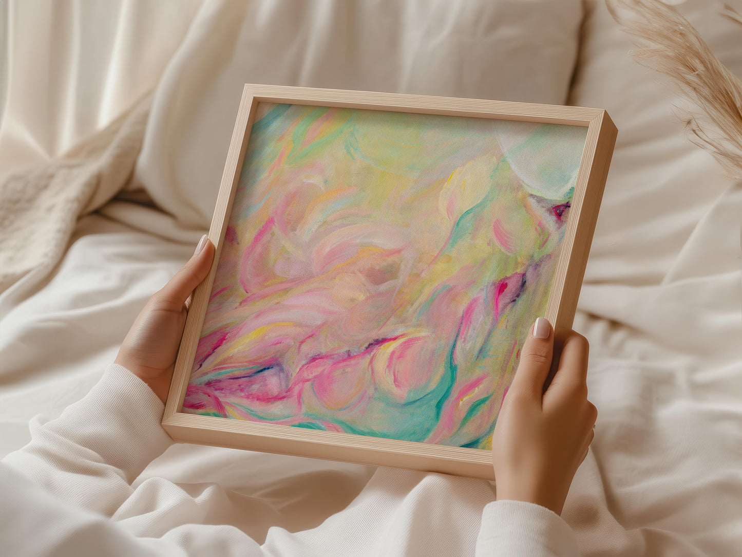 ‘Closer Than You Think’ – pastel abstract art print with bright soft colours and gentle rising movement.
