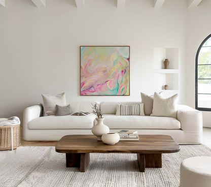 ‘Closer Than You Think’ – colourful abstract canvas with joyful soft tones and energy.