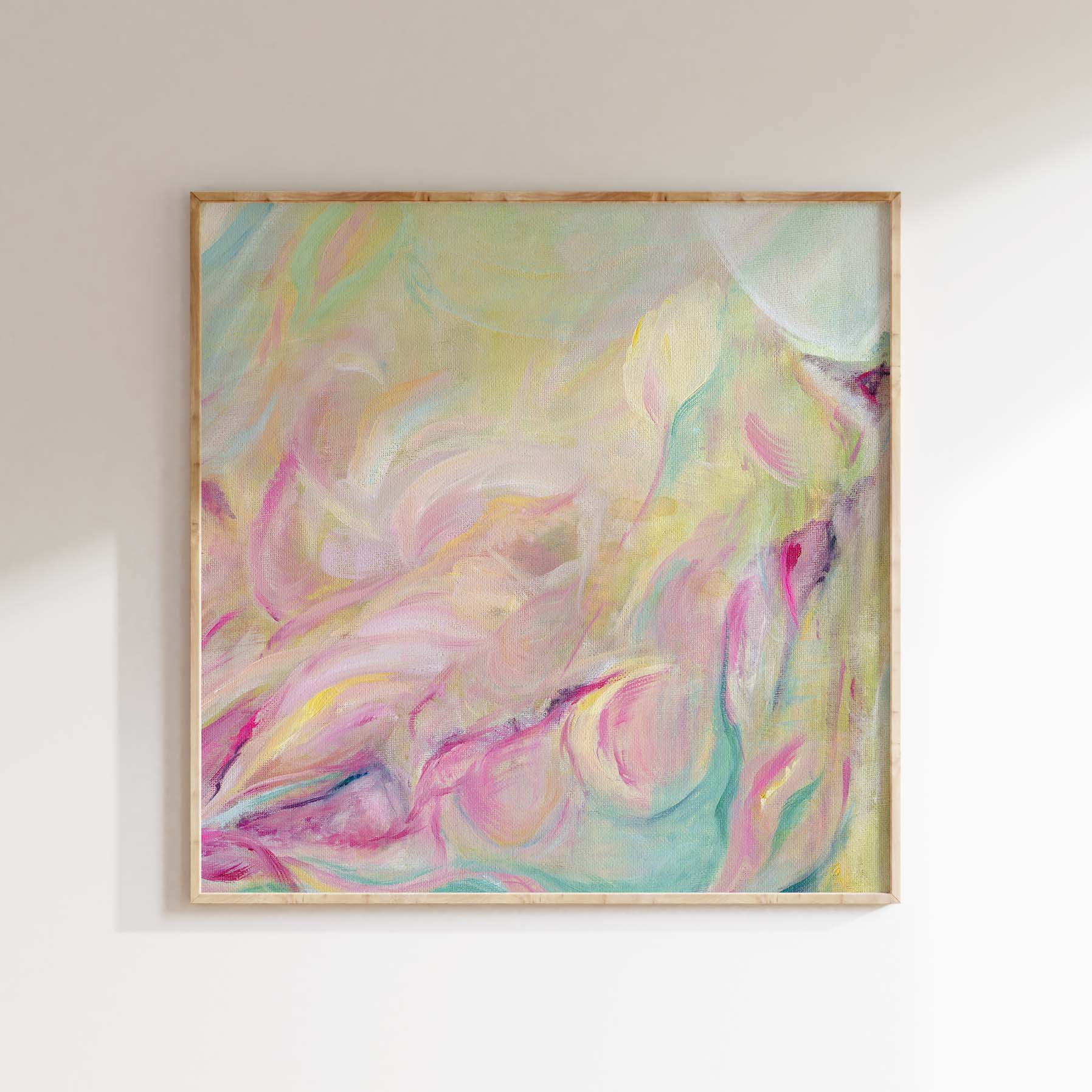 'Closer Than You Think' - A softly hopeful abstract floral canvas print in blush pink, warm peach, gentle yellow and touches of mint — uplifting oil painting about quiet progress and possibility, by Kate Shephard Art.
