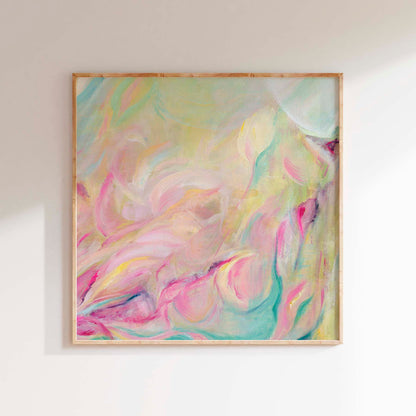 'Closer Than You Think' - A softly hopeful abstract floral canvas print in blush pink, warm peach, gentle yellow and touches of mint — uplifting oil painting about quiet progress and possibility, by Kate Shephard Art.