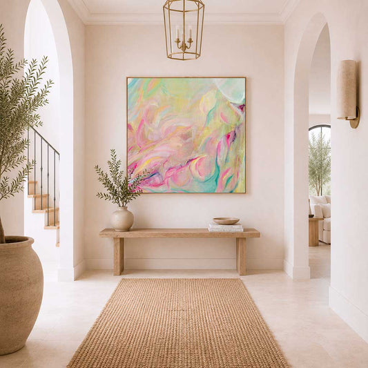 ‘Closer Than You Think’ – vibrant inspirational abstract art print canvas with flowing pink, yellow and mint tones creating a joyful upward movement.