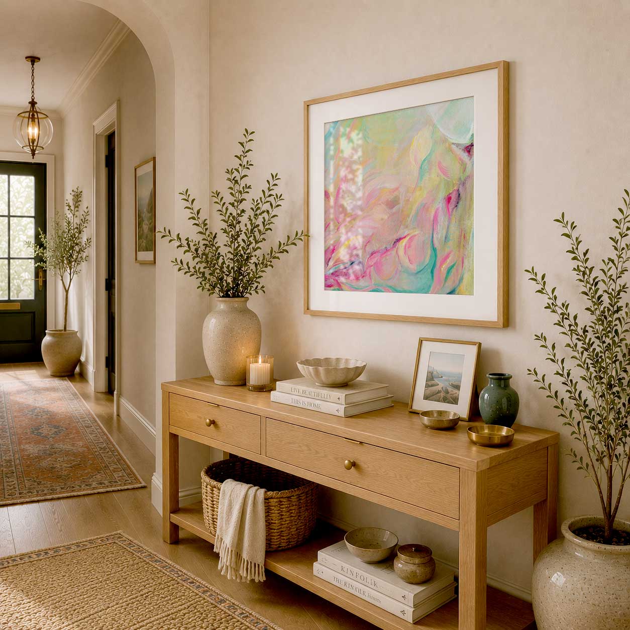 ‘Closer Than You Think’ – soft abstract canvas showing rising shapes in pink, peach and mint.