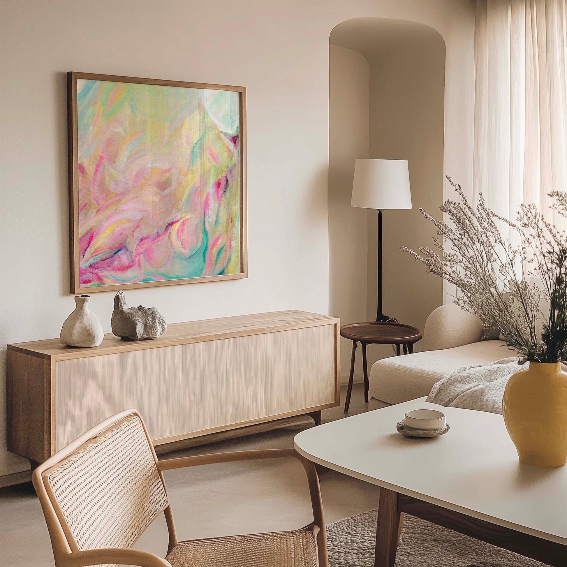 ‘Closer Than You Think’ – joyful abstract print in pink, yellow and mint tones.