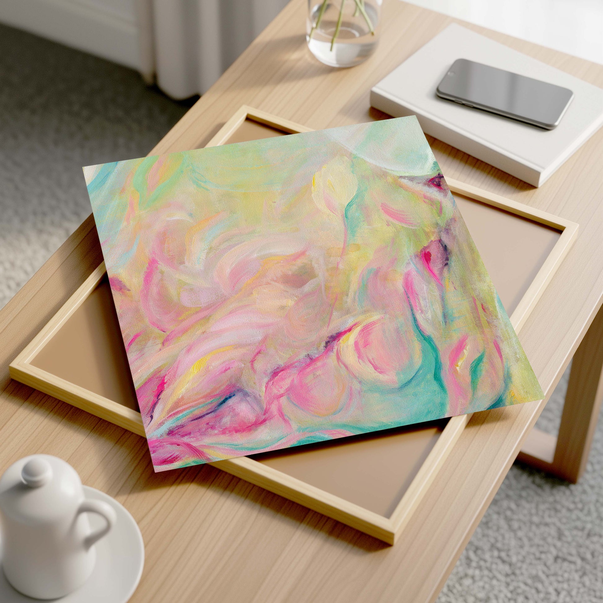 ‘Closer Than You Think’ – vibrant yet calming abstract canvas with movement and light.