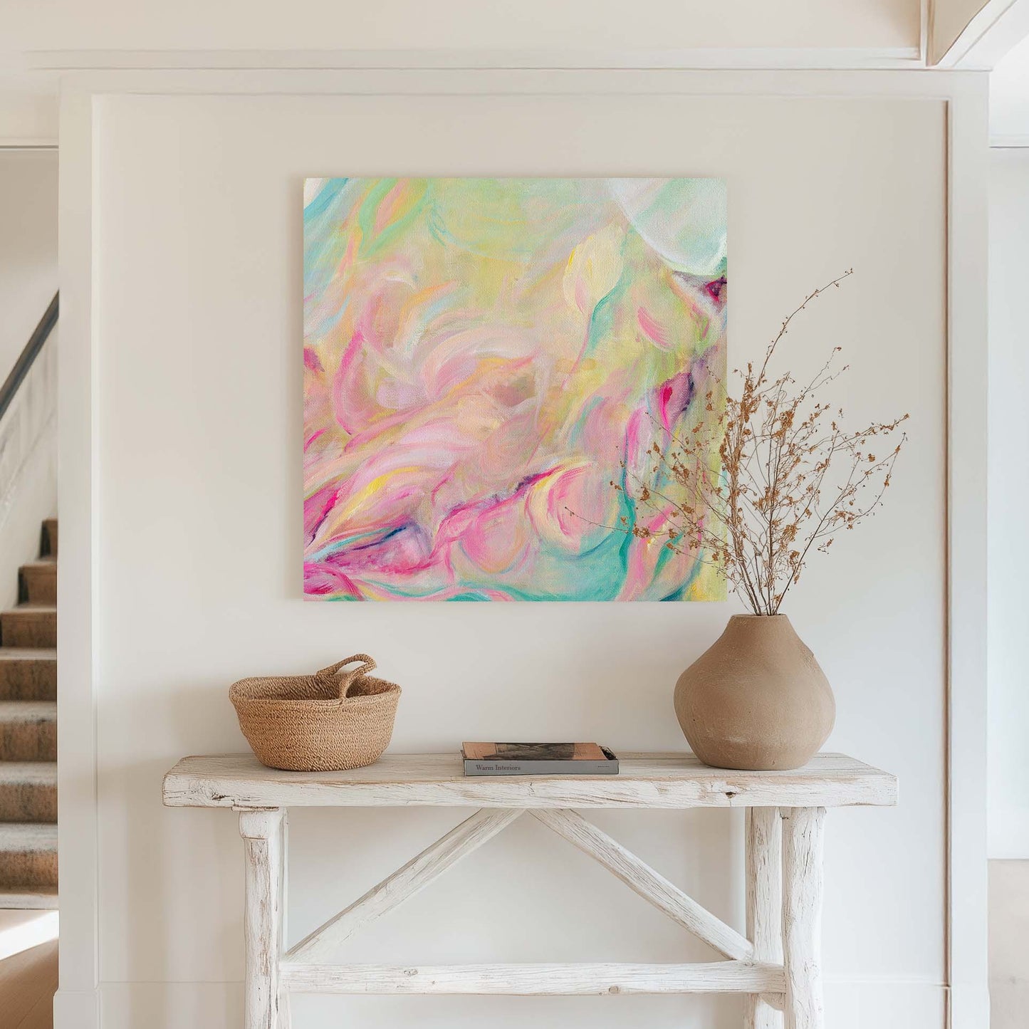 ‘Closer Than You Think’ – vibrant inspirational abstract art print canvas with flowing pink, yellow and mint tones creating a joyful upward movement.