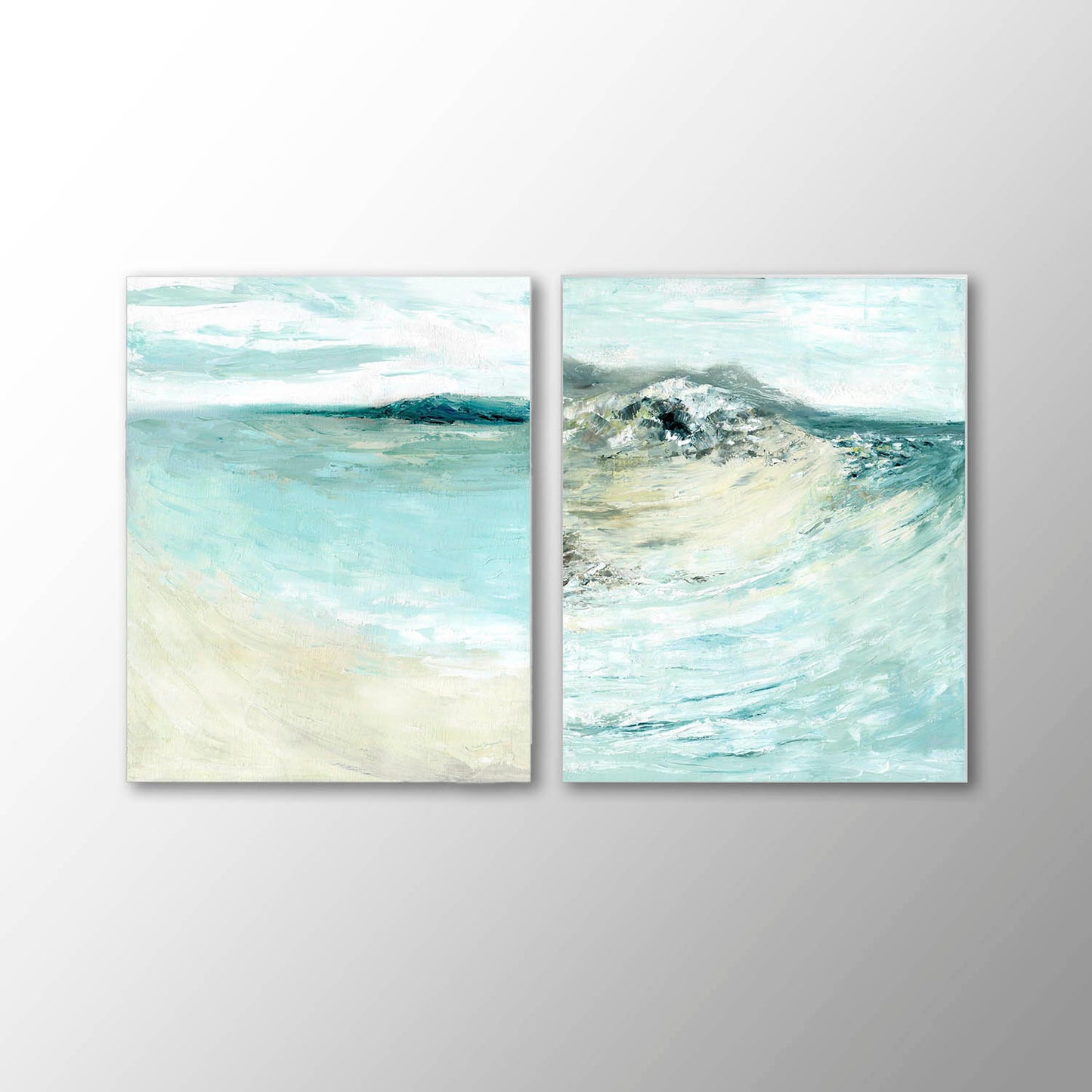 'Coastal Calm' - Set of 2 Dorset beach art paintings in calming blue and teal, peaceful wall art for home.