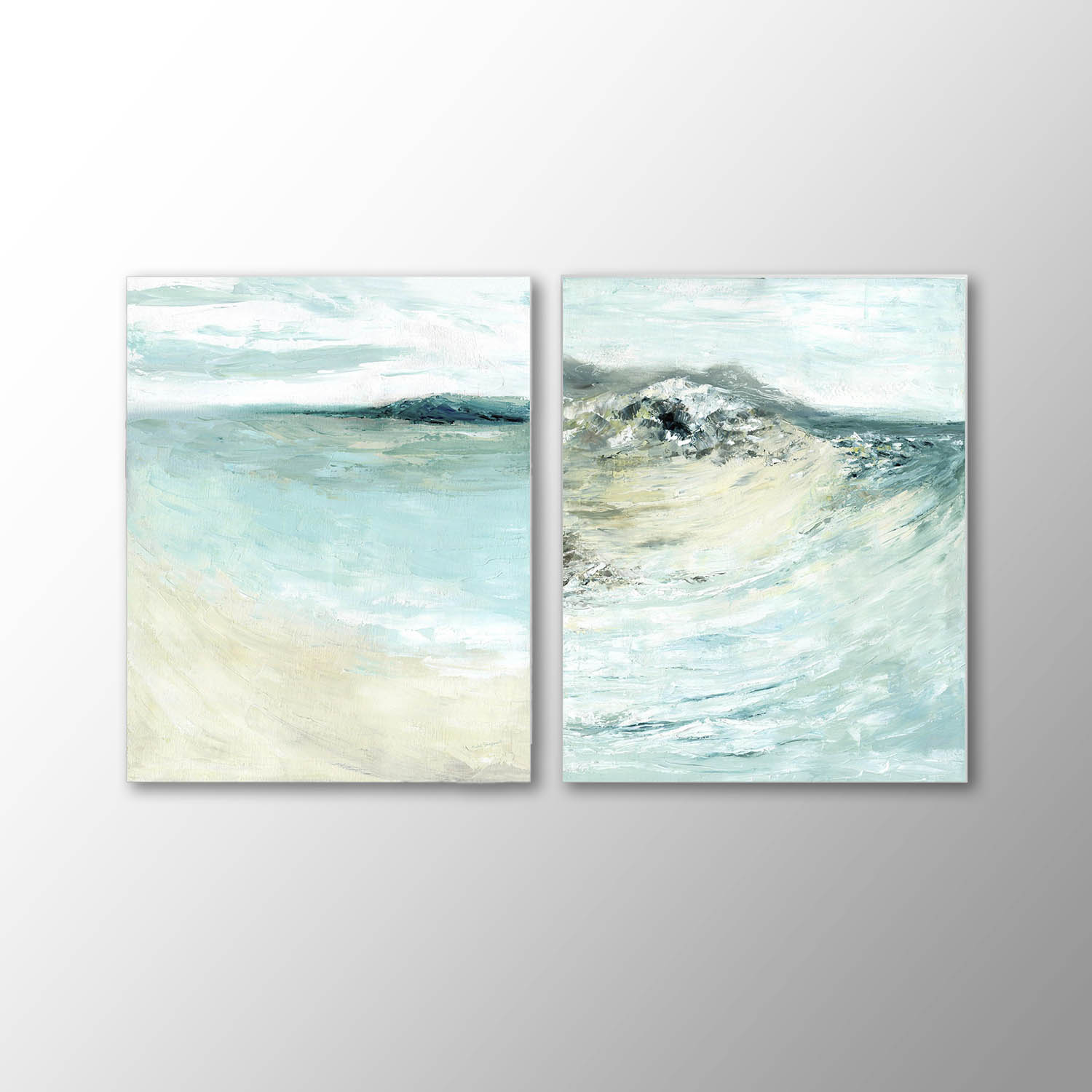 'Coastal Calm' - Set of 2 Dorset beach art paintings in calming blue and teal, peaceful wall art for home.