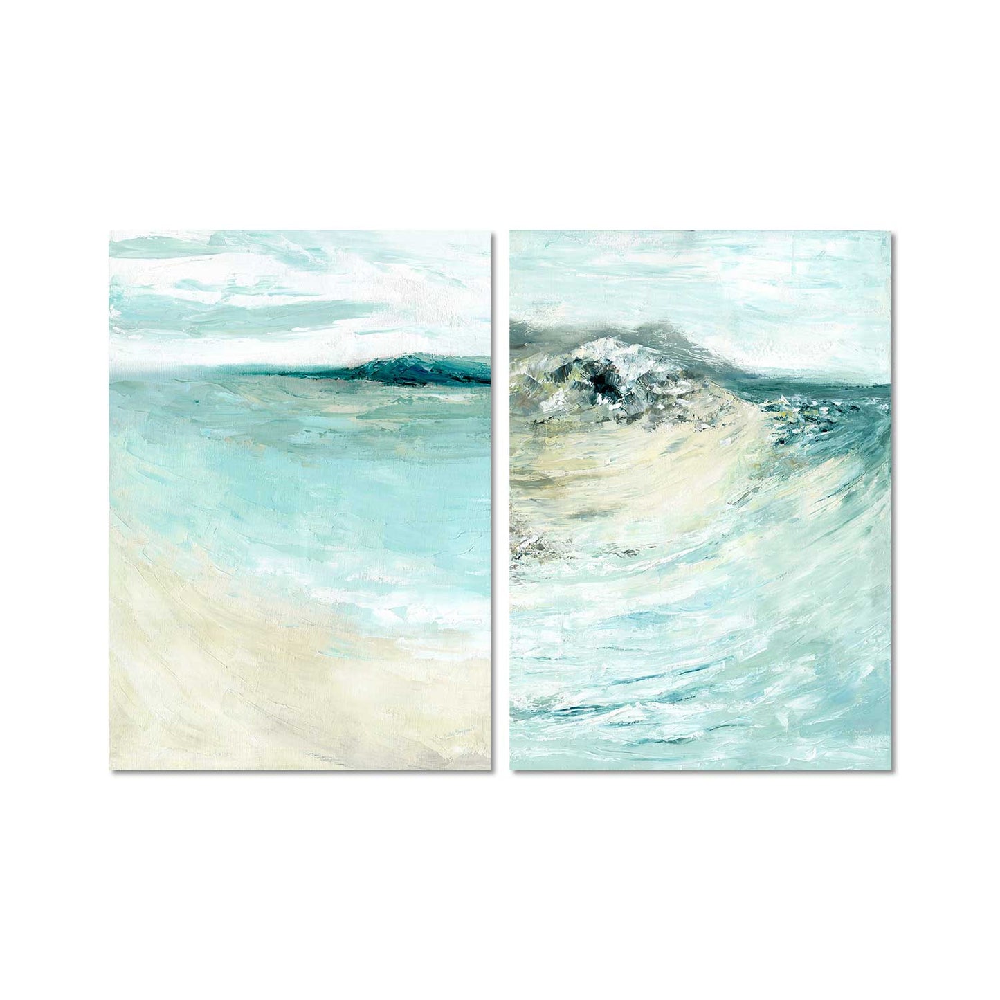 'Coastal Calm' - Set of 2 Dorset beach art paintings in calming blue and teal, peaceful wall art for home.