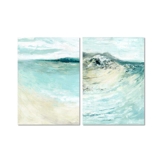 'Coastal Calm' - Set of 2 Dorset beach art paintings in calming blue and teal, peaceful wall art for home.