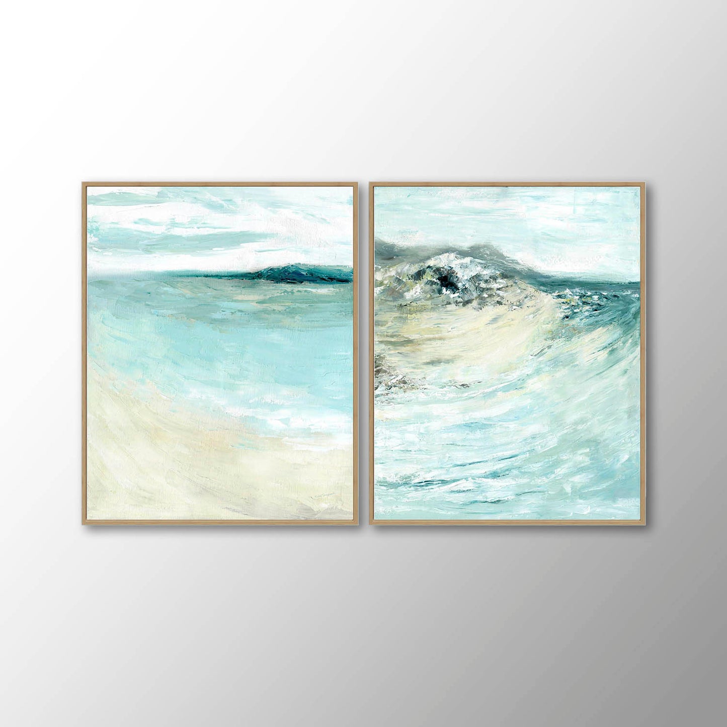 'Coastal Calm' - Fine art print set of 2 in vertical format, soft coastal palette for living room or bedroom.