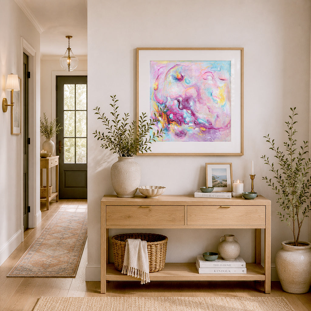 'Joy On Purpose' - Modern wall art for home in vivid pink and luminous white — colourful abstract art printed on luxurious 230gsm archival fine art paper, by Kate Shephard Art.