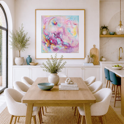 'Joy On Purpose' - Colourful abstract art in vivid pink, soft blue and luminous white — modern wall art for home with free expressive brushstrokes from the Joy by Design collection, by Kate Shephard Art.