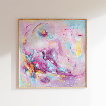 'Joy On Purpose' - A vivid pink modern wall art for home fine art print — colourful abstract art with free expressive brushstrokes, by Kate Shephard Art.