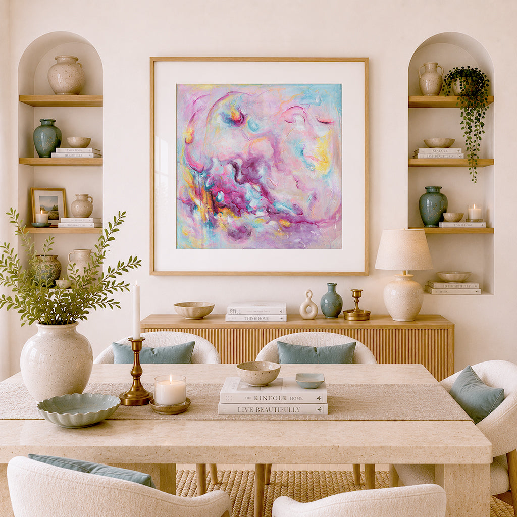 'Joy On Purpose' - A vivid pink colourful abstract art print — modern wall art for home with free deliberate brushwork from the Joy by Design collection, by Kate Shephard Art.