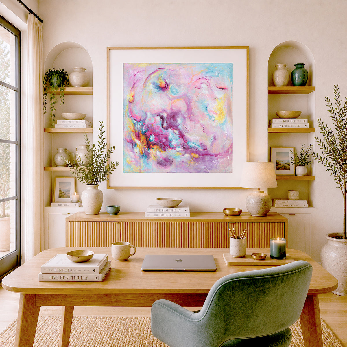 'Joy On Purpose' - Modern wall art for home in vivid pink and soft blue — colourful abstract art on archival fine art paper, by Kate Shephard Art.