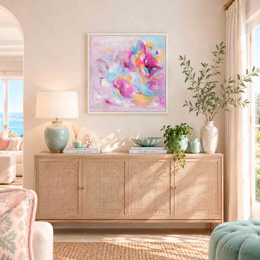 ‘Joy Looks Good On You’ - The first painting in the Joy by Design collection, an original acrylic on canvas bursting with colour and energy.