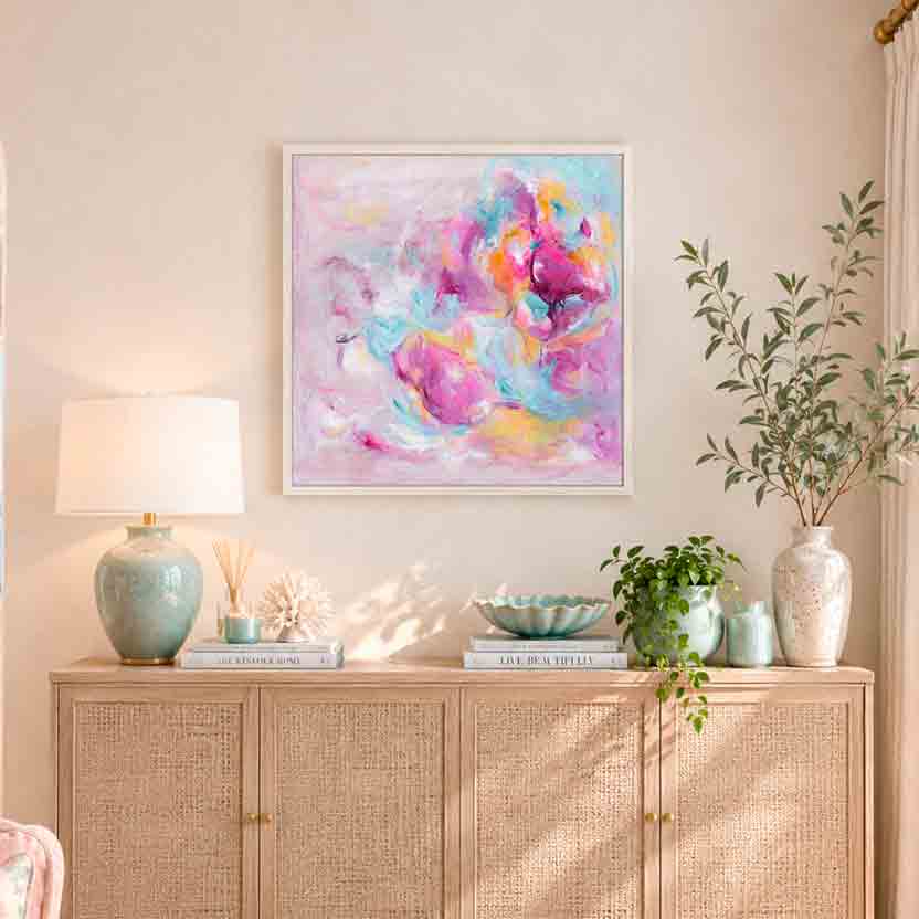 ‘Joy Looks Good On You’ - Original colourful abstract painting on canvas, a joyful statement piece for a living room or bedroom.