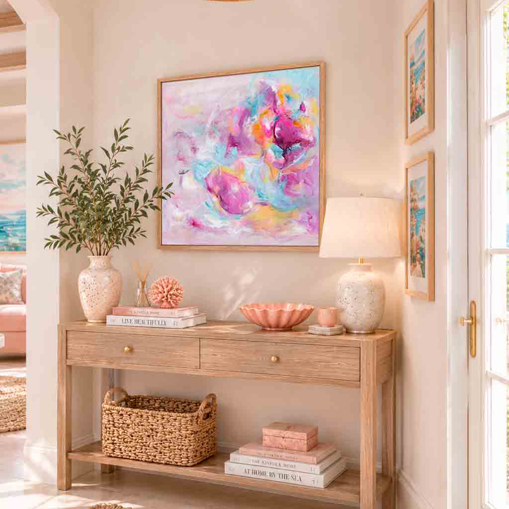 ‘Joy Looks Good On You’ - Original abstract wall art in bright pinks, soft blues and luminous white, painted on canvas by Kate Shephard Art.
