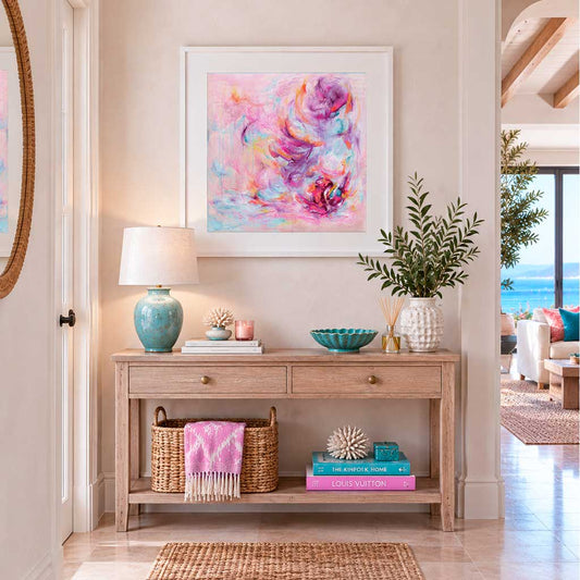 'Choose Joy' - A colourful art print with free expressive brushstrokes in vivid pink and soft blue — uplifting artwork about feeling joy from the Joy by Design collection, by Kate Shephard Art.