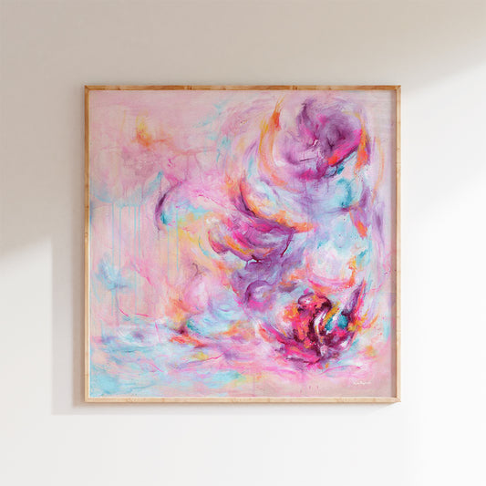 'Choose Joy' - A vivid pink abstract fine art print — colourful art print and uplifting artwork about feeling joy printed on luxurious 230gsm archival paper, by Kate Shephard Art.