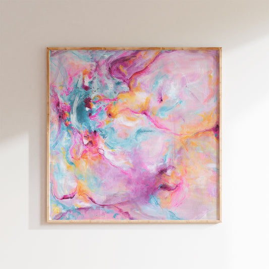 'Joy In The Little Things' - Colourful artwork fine art print in vivid pink and luminous white — joyful expressive art printed on luxurious archival fine art paper, by Kate Shephard Art.