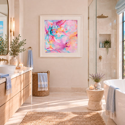 'Joy In The Little Things' - Joyful expressive art in vivid pink, soft blue and warm peach — colourful artwork fine art print from the Joy by Design collection, by Kate Shephard Art.