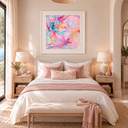 Joy In The Little Things' - Colourful artwork fine art print in vivid pink, soft blue and warm peach — joyful expressive art with free brushstrokes from the Joy by Design collection, by Kate Shephard Art.