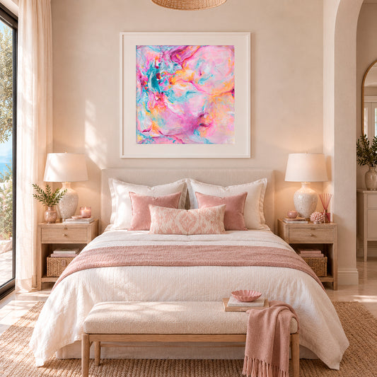 Joy In The Little Things' - Colourful artwork fine art print in vivid pink, soft blue and warm peach — joyful expressive art with free brushstrokes from the Joy by Design collection, by Kate Shephard Art.