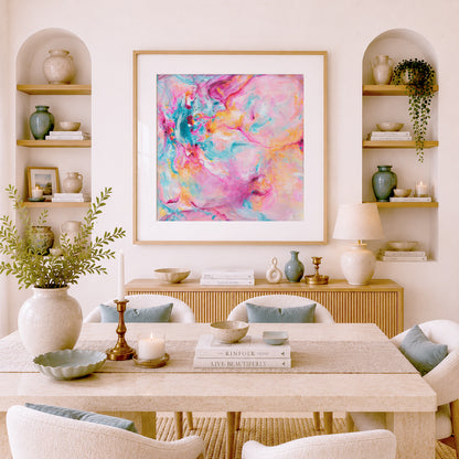 'Joy In The Little Things' - A joyful expressive art print in vivid pink and luminous white — colourful artwork on luxurious 230gsm archival fine art paper, by Kate Shephard Art.