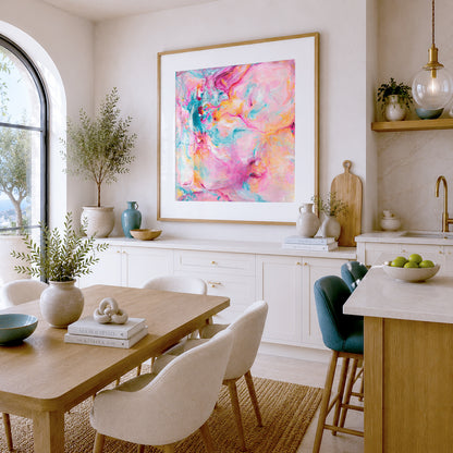 'Joy In The Little Things' - Colourful artwork in vivid pink, soft blue and warm peach — joyful expressive art print from the Joy by Design collection, by Kate Shephard Art.