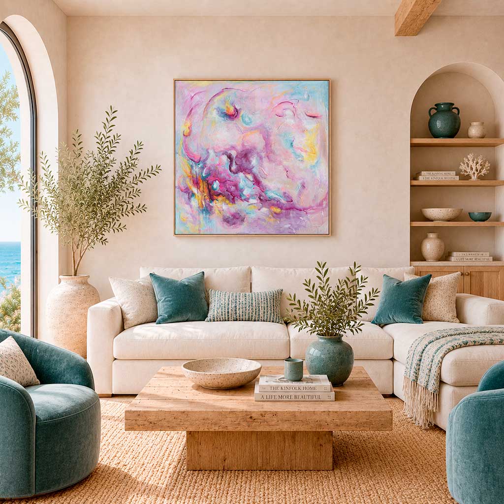'Joy On Purpose' - Pink abstract wall art canvas print in vibrant pink, soft blue and luminous white — bright canvas artwork with free expressive brushstrokes from the Joy by Design collection, by Kate Shephard Art.