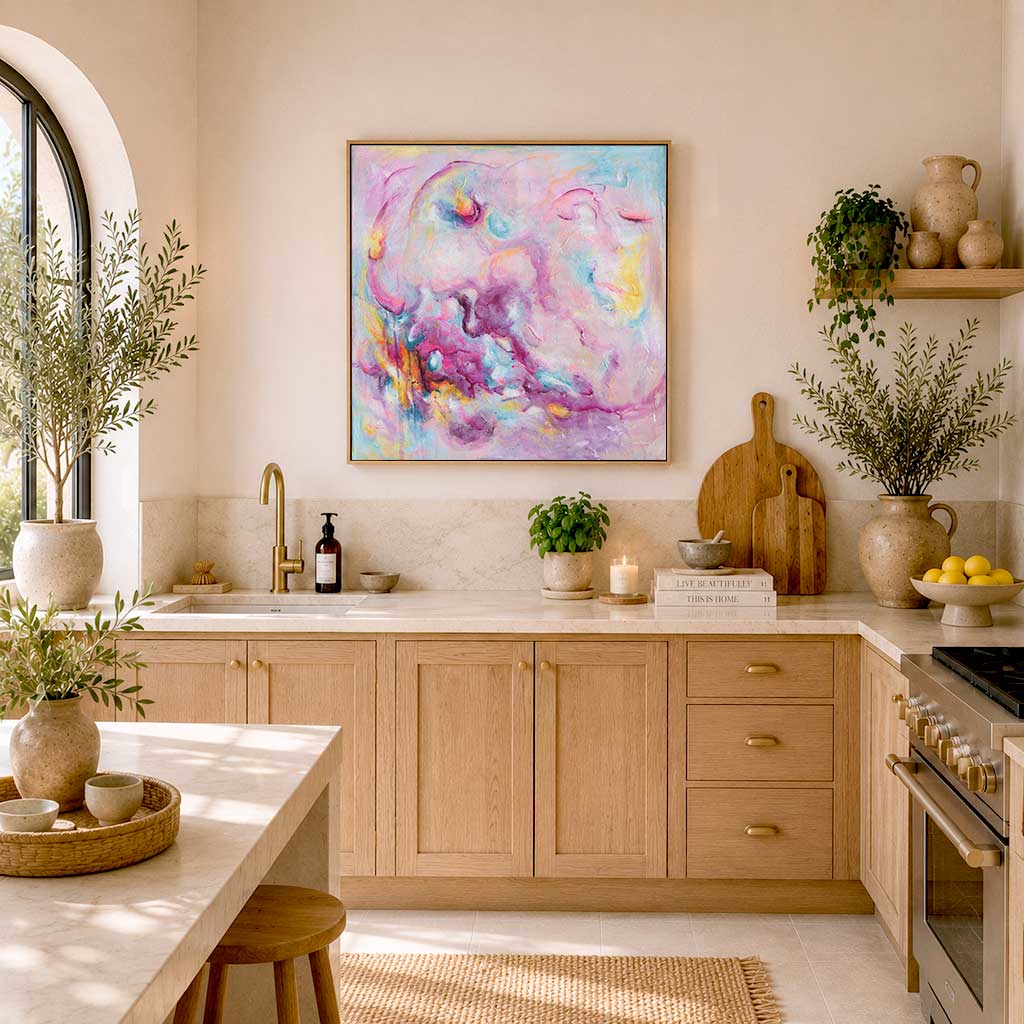 'Joy On Purpose' - Pink abstract wall art canvas in bright vivid pink and luminous white — colourful print with free expressive brushstrokes full of joy and uplifting energy, by Kate Shephard Art.