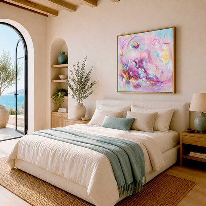 'Joy On Purpose' - Pink abstract wall art in vivid pink, soft blue and luminous white — bright canvas artwork with free expressive brushwork from the Joy by Design collection, by Kate Shephard Art.